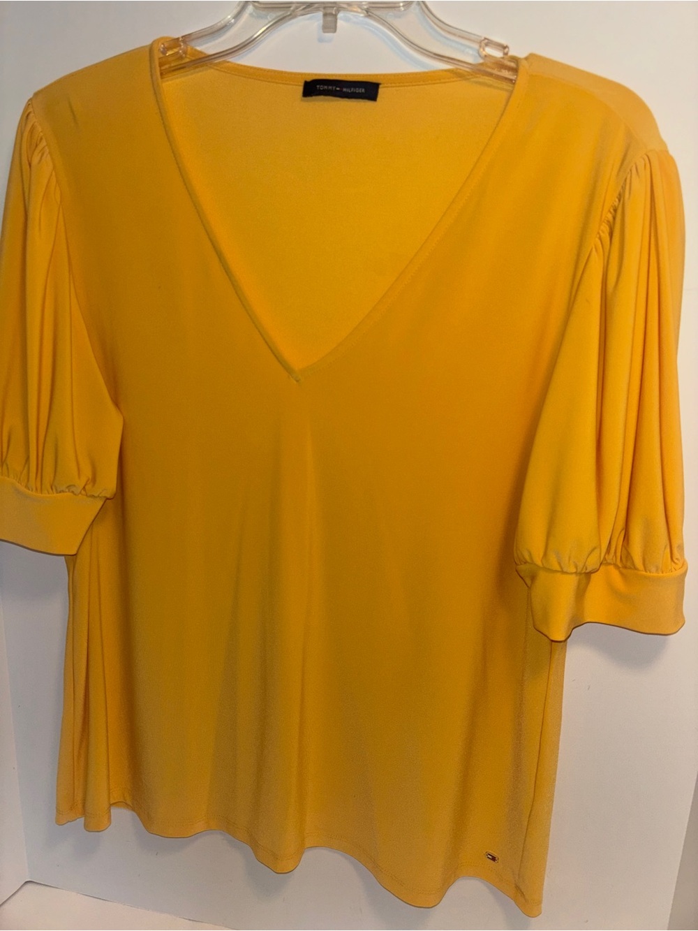 Tommy Hilfiger Yellow V-Neck Puff Sleeve Top L